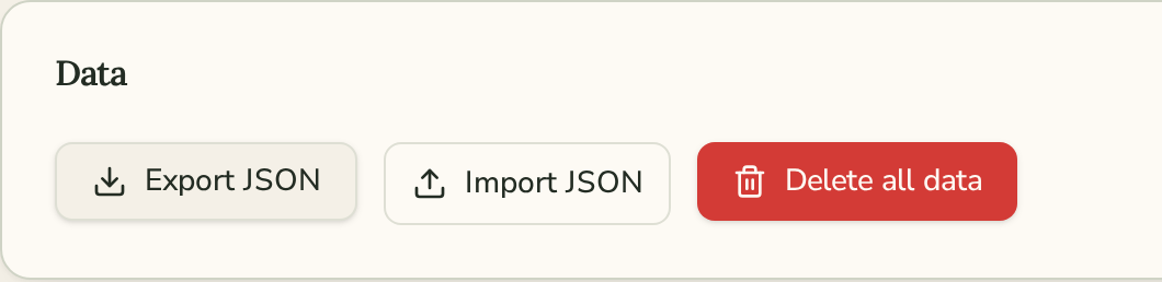 Export JSON, Import JSON, and Delete all data backup controls
