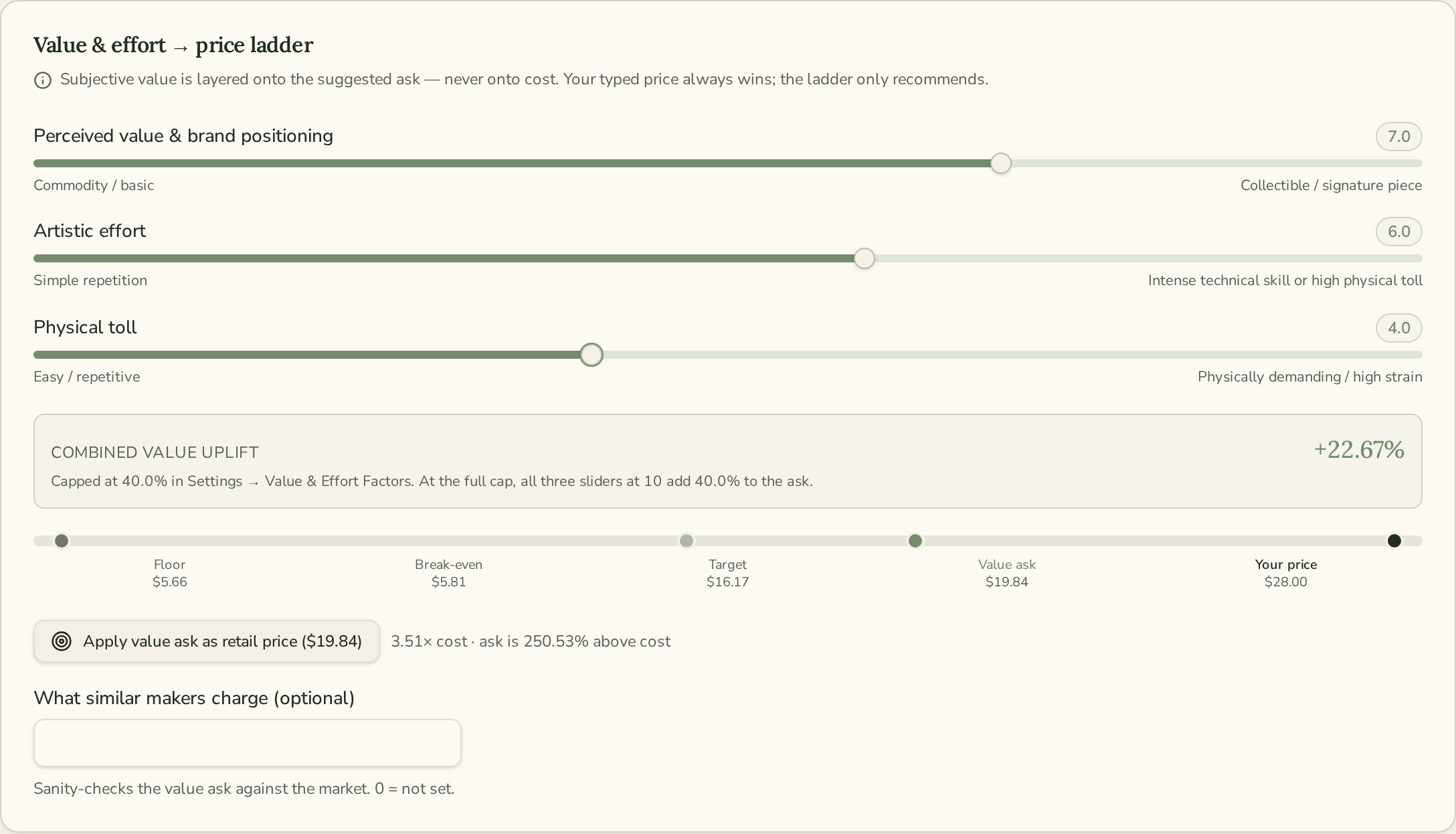 Value and effort multiplier sliders feeding the target retail price calculation