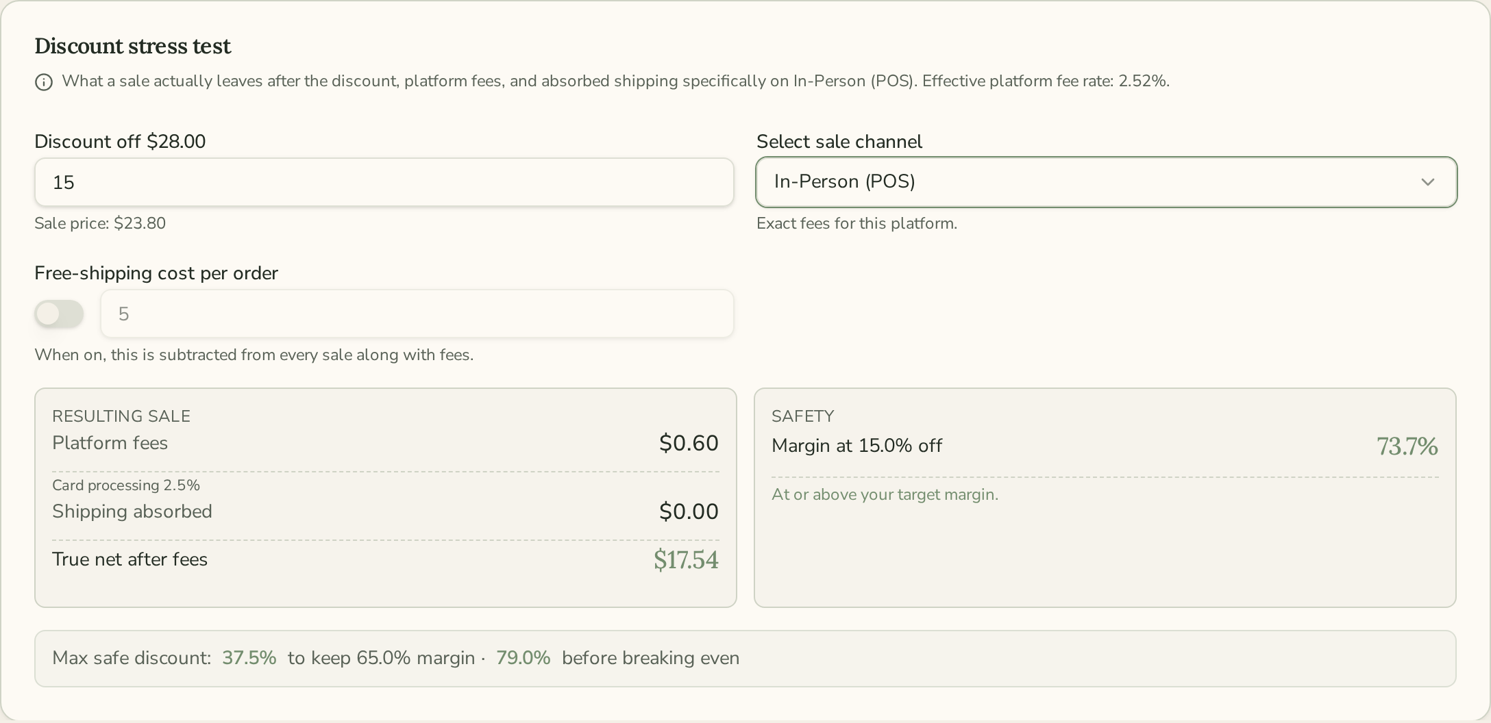 Discount stress test card showing true net after fees and the max safe discount